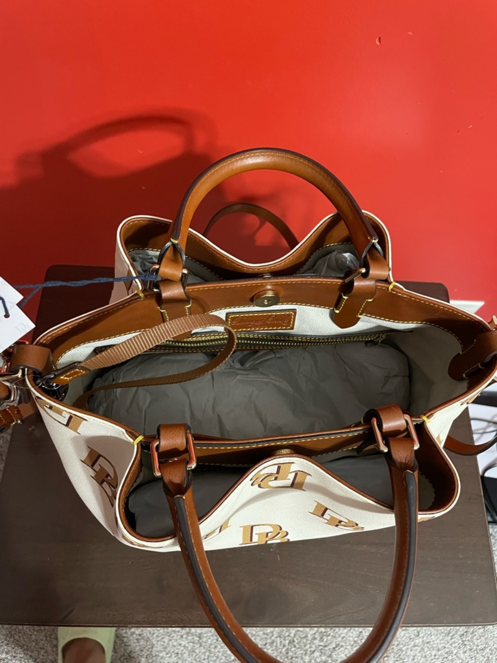 Dooney & Bourke Cream Tote with Tan DB Logo and Trim - Picture 4 of 7
